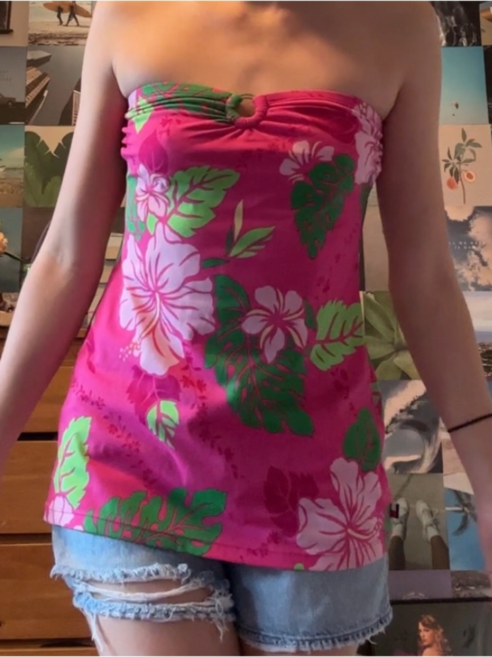 Y2K Strapless Tropical Floral Tube Top - Hot Pink & Green